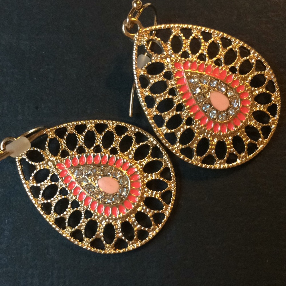 Filigree Earrings with Rhinestone and Enamel